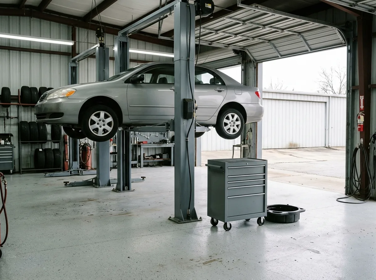 Auto repair service bay with a light gray epoxy floor, a rolling tool chest and a car on a two-post lift