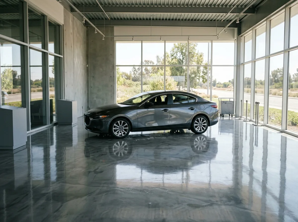 Bright car showroom with a glossy silver-gray metallic epoxy floor reflecting a parked sedan and large windows