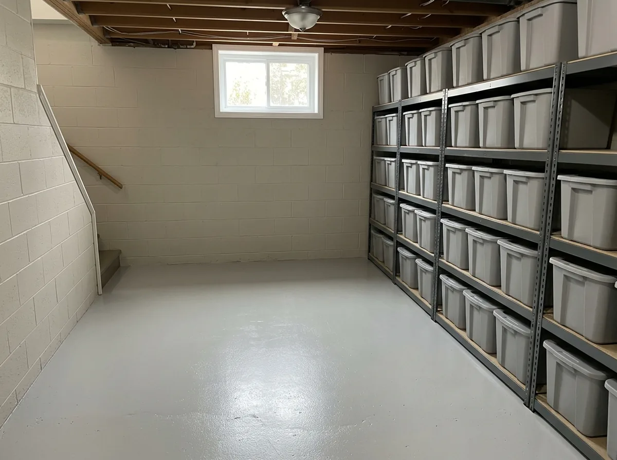 Basement storage room with a smooth light-gray epoxy floor, block walls and shelves of gray bins