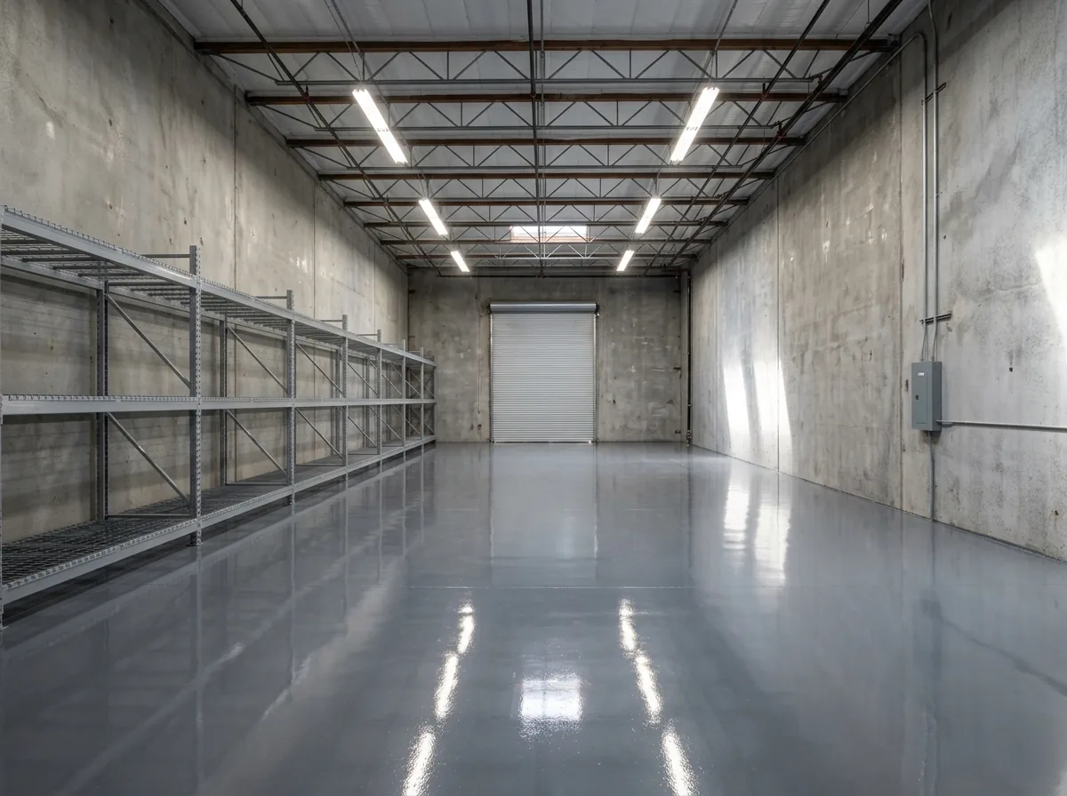 Bright light-industrial unit with a smooth gray high-gloss roll-coat epoxy floor, steel shelving and a roll-up door