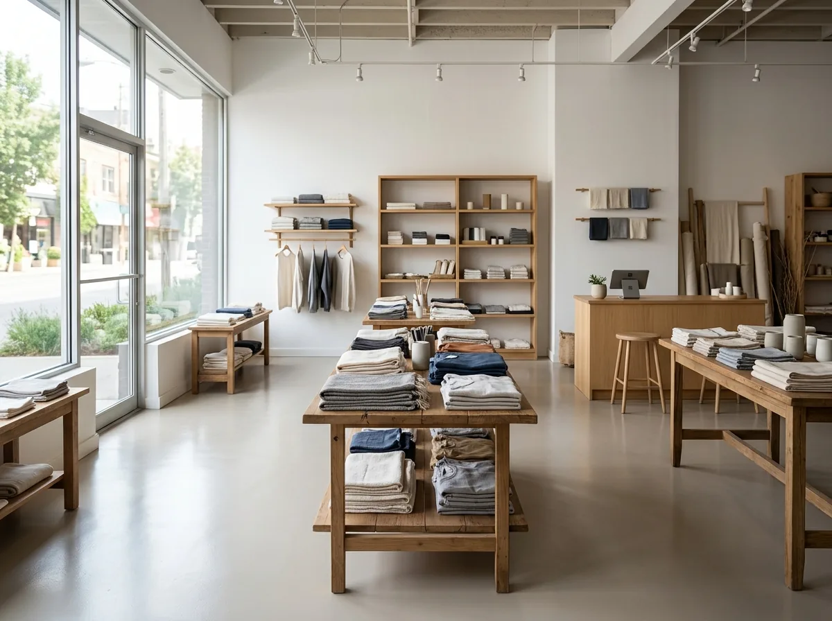 Small retail store with a pale gray epoxy floor under a satin urethane topcoat, wooden display tables and daylight from a storefront window