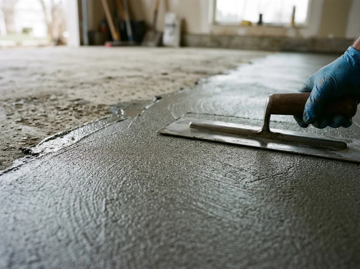 Close-up of a troweled gray epoxy mortar floor with a fine sand texture next to a steel finishing trowel resting on the surface