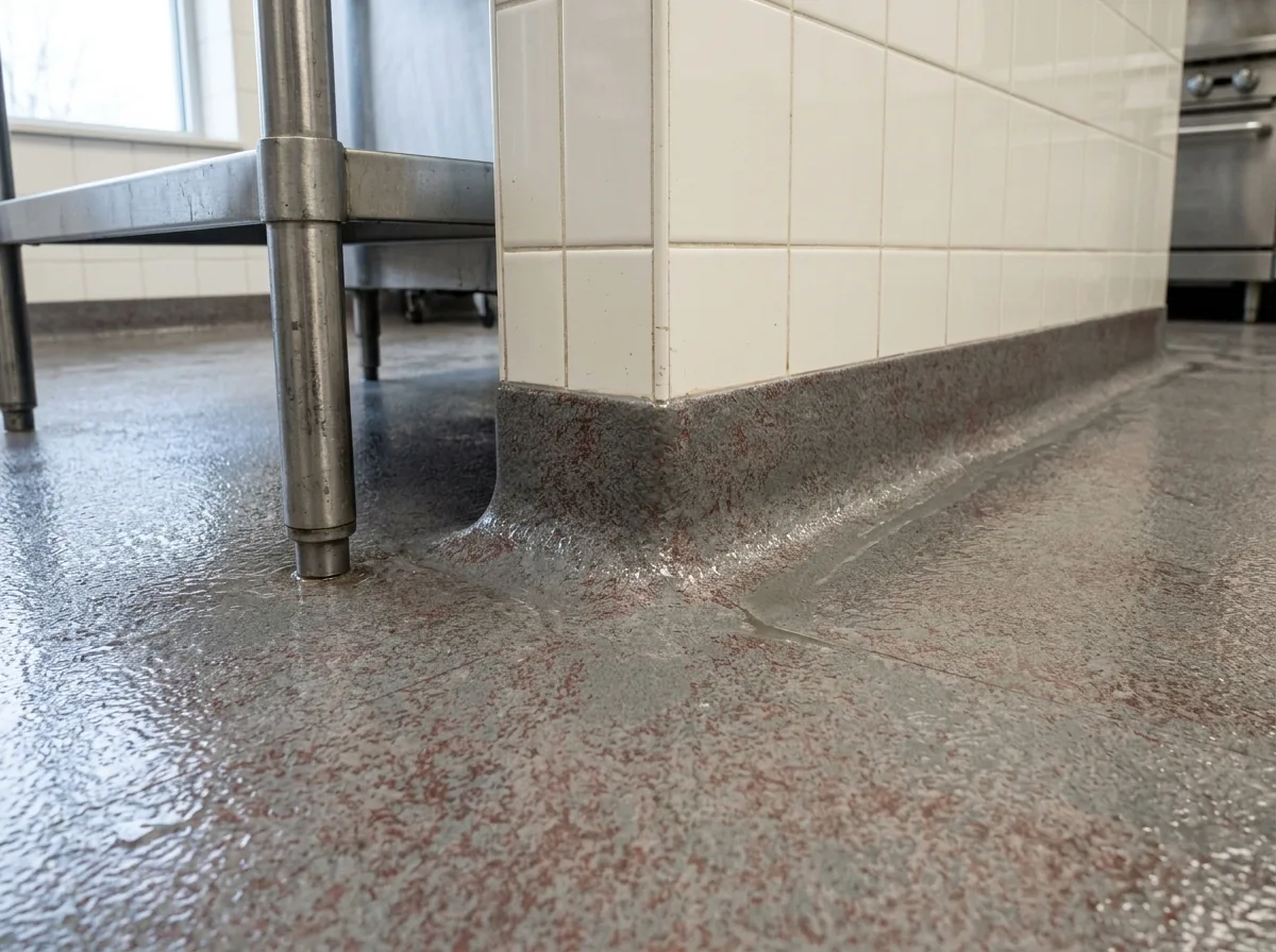 Kitchen floor coating curving smoothly up the wall into a 4-inch integral cove base beside a stainless prep table