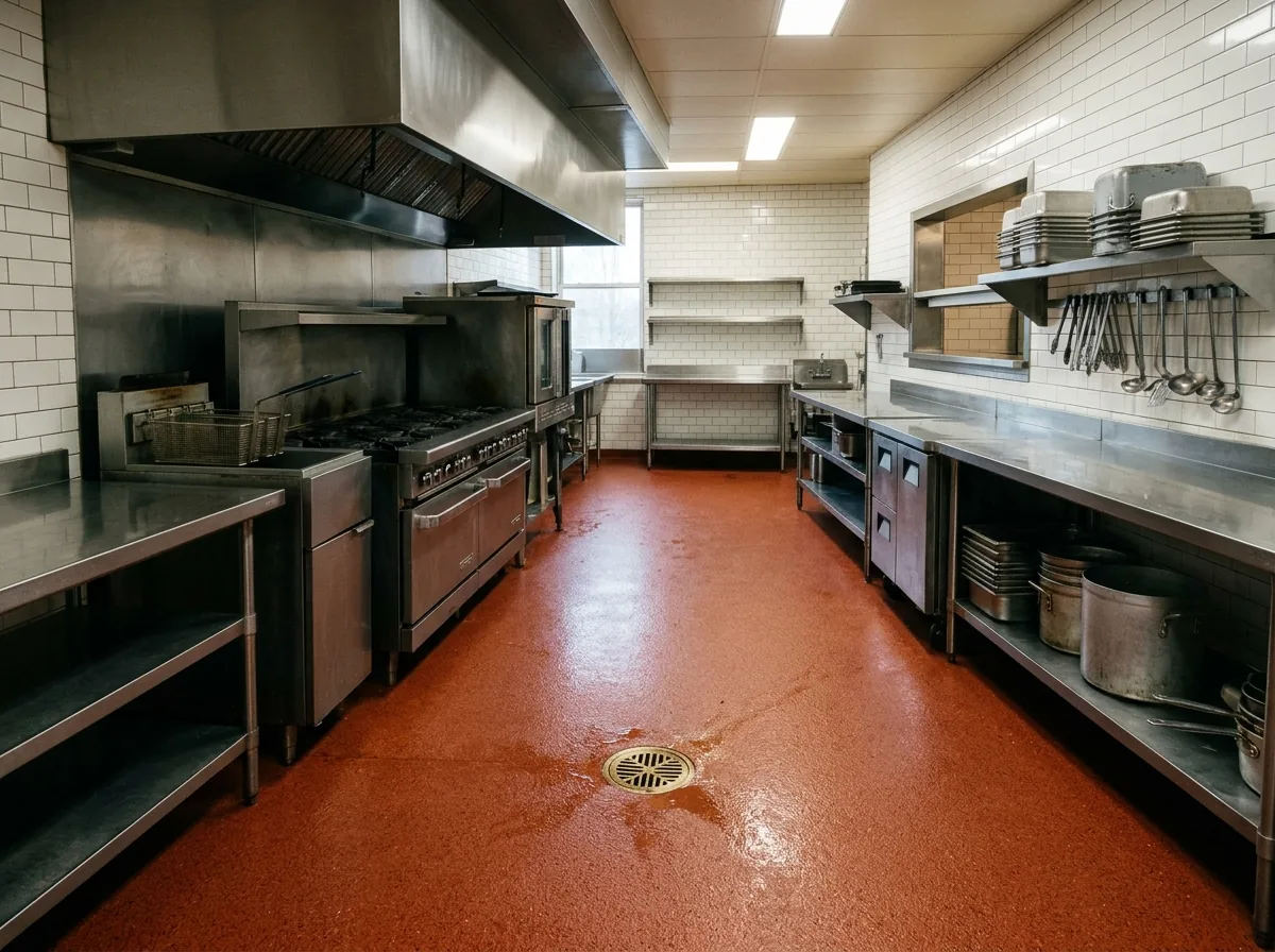 Restaurant cook line with a speckled terracotta-red urethane cement floor under stainless ranges and a fryer