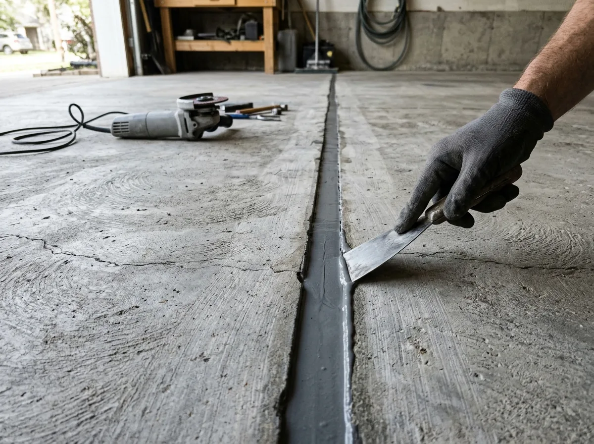 Diamond-ground garage slab with a crack chased open and filled flush with gray epoxy filler before coating