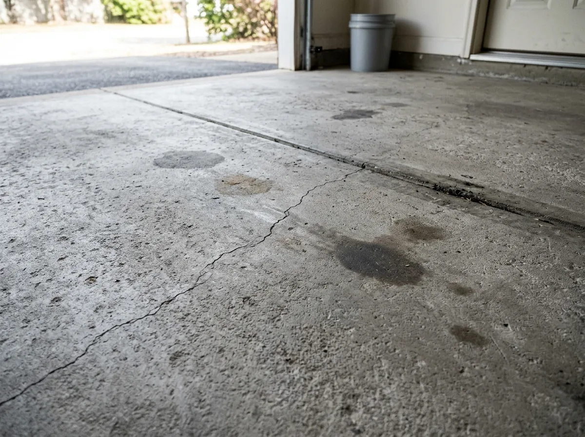 Thin hairline shrinkage crack running across a gray concrete garage slab next to a sawcut control joint