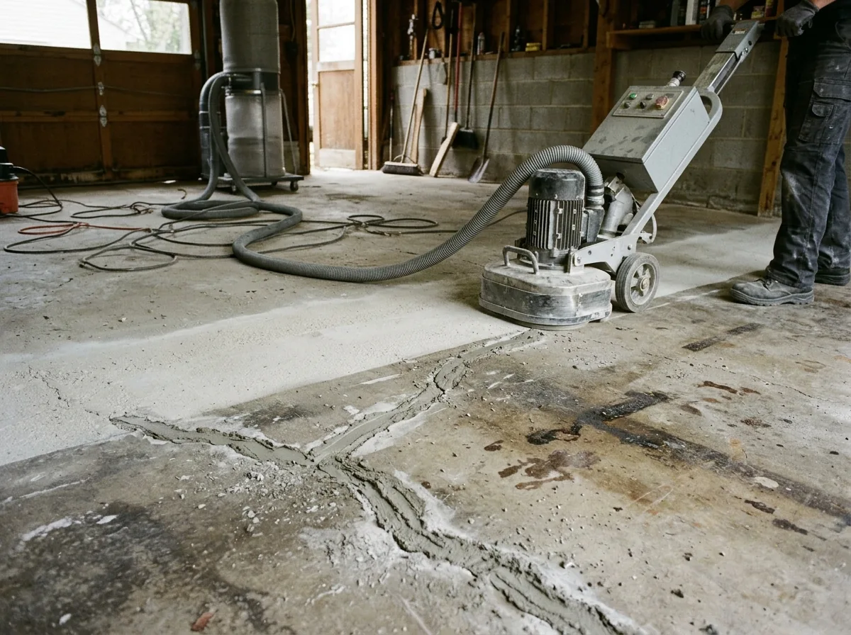 Gray walk-behind diamond grinder with a vacuum hose on a garage slab, half ground, with cracks filled in the foreground