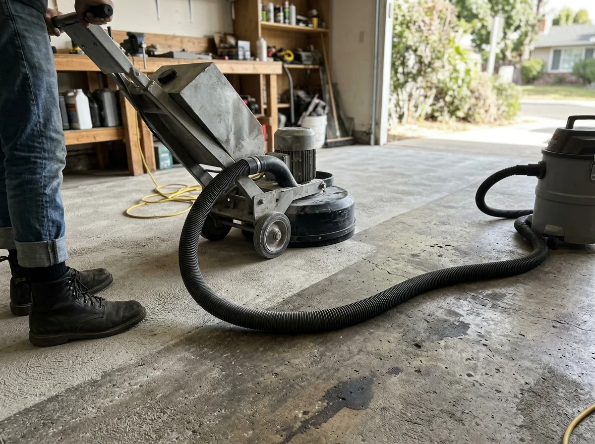 Walk-behind diamond grinder with a dust shroud and vacuum hose on a garage slab, the ground half lighter and evenly textured