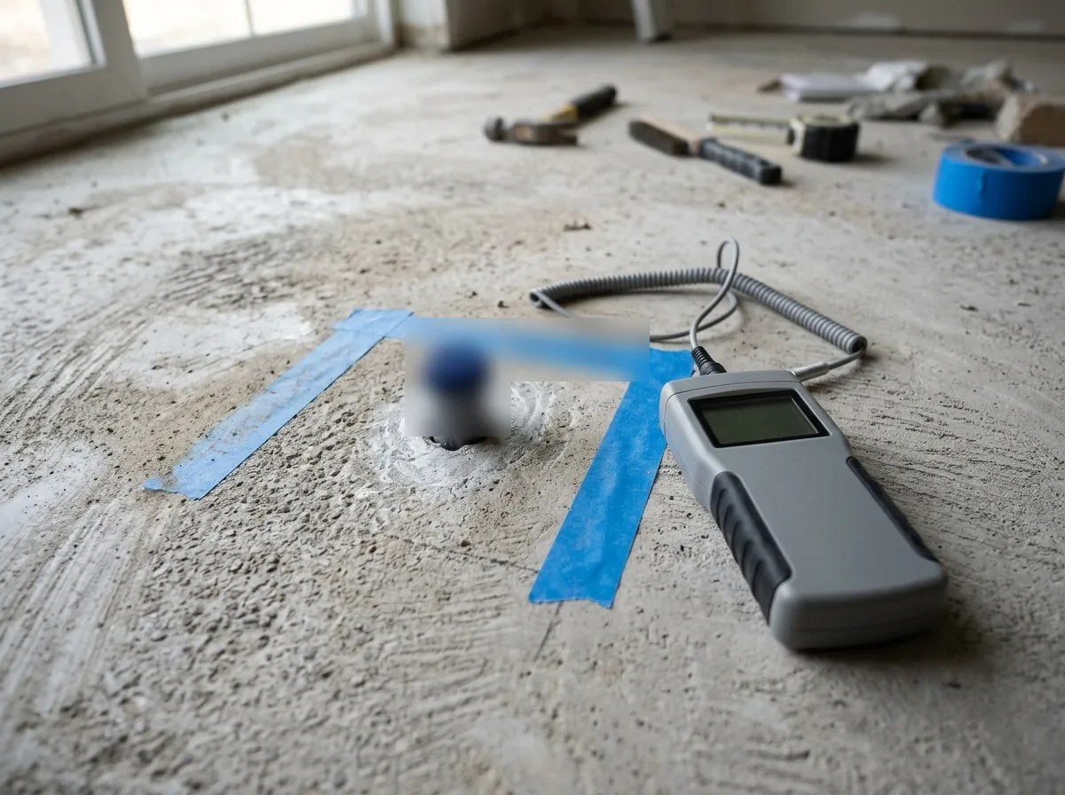 Relative humidity probe set into a drilled hole in a ground concrete slab, with a small handheld meter beside it