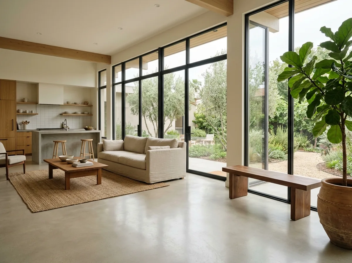 Open-plan living area with a smooth cream-colored polished concrete floor showing almost no stone, reflecting light from tall windows