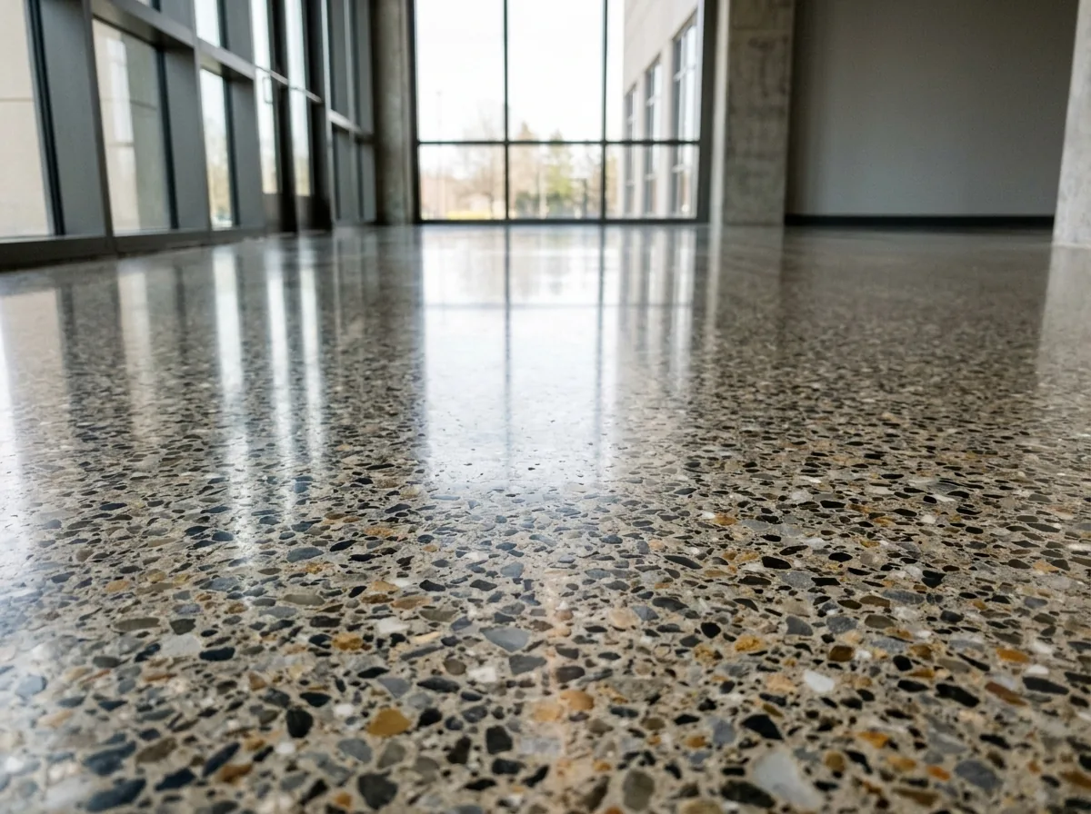 Close-up of polished concrete with fully exposed mixed gray, tan and black aggregate stones under a high-gloss finish