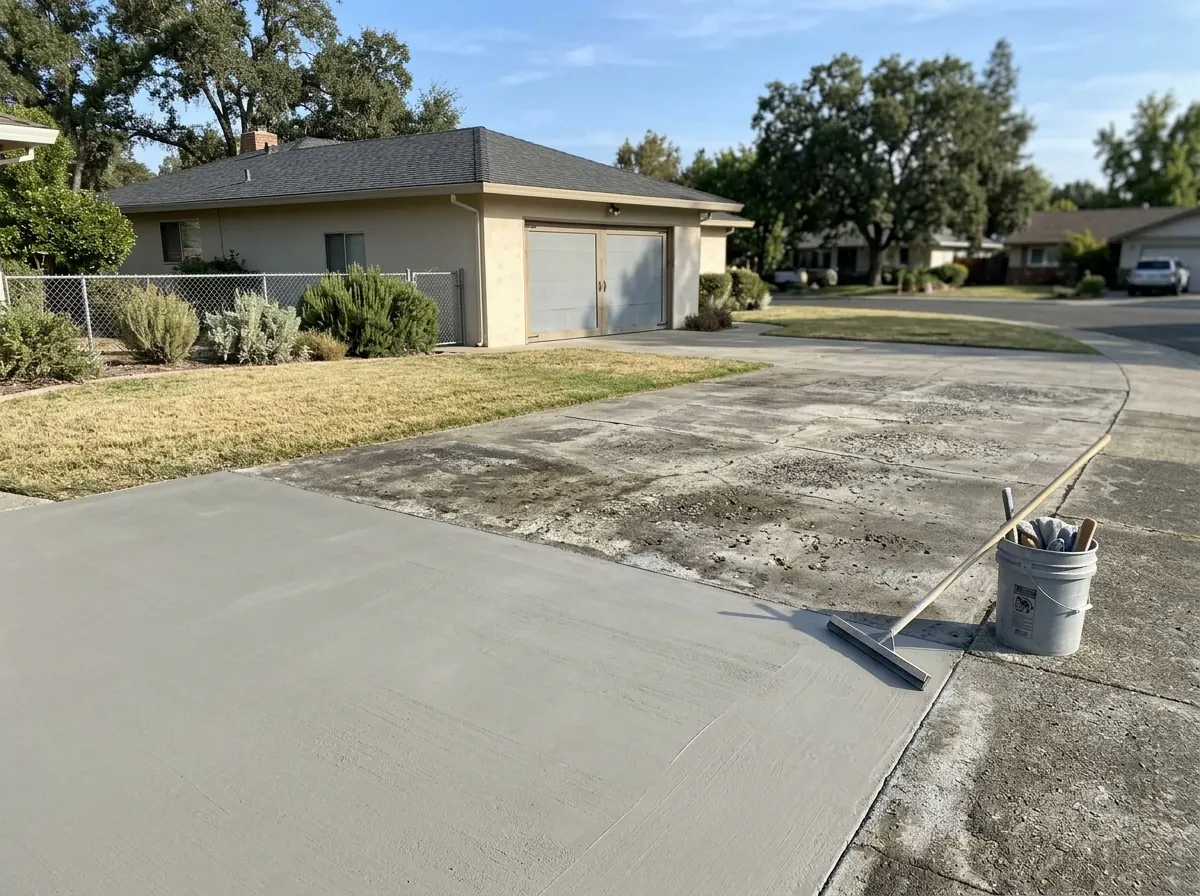 Gray driveway half covered in a fresh smooth polymer-modified skim coat beside the old pitted surface
