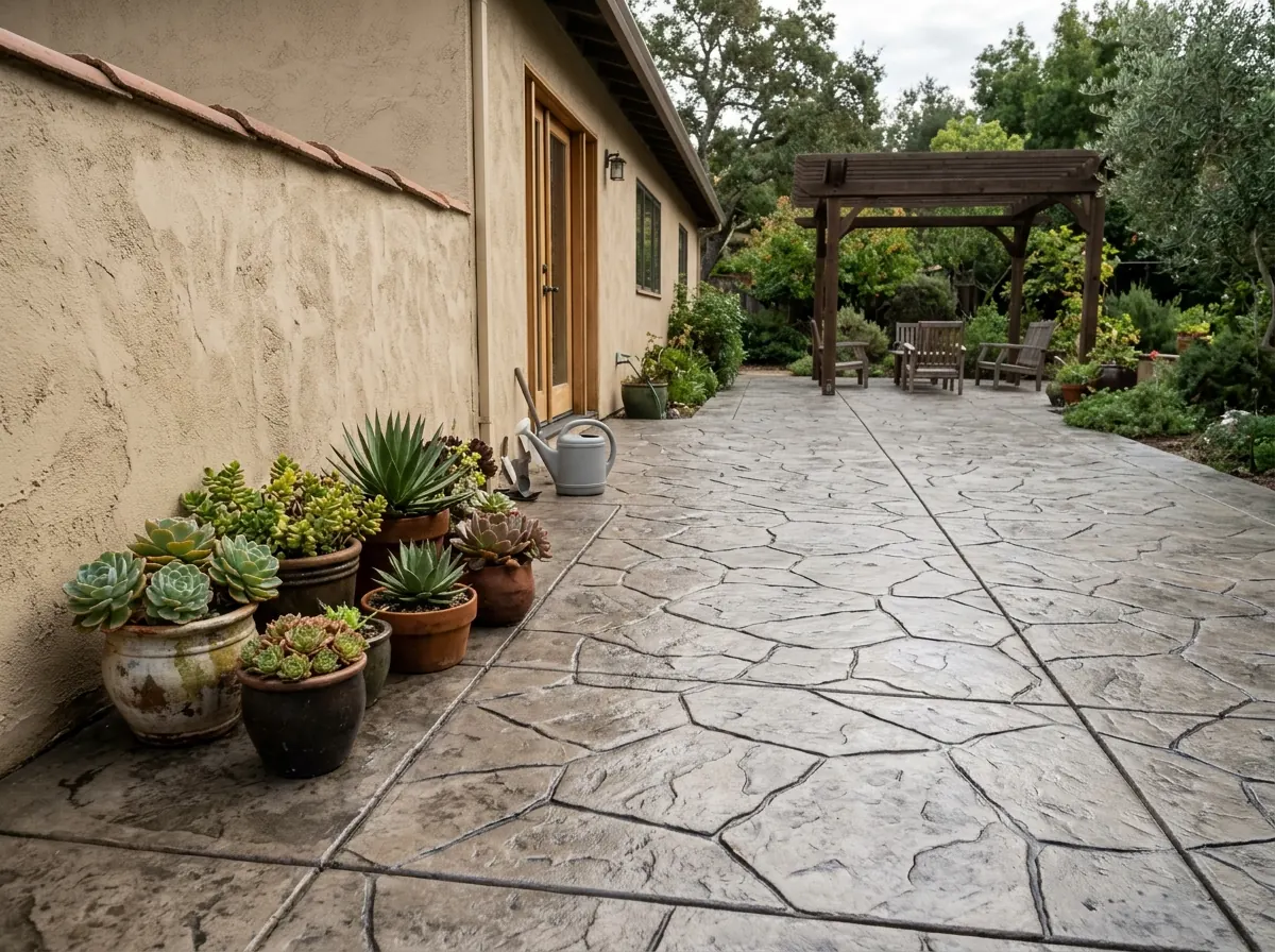 Patio resurfaced with a stamped overlay patterned like gray-brown flagstone next to a stucco wall