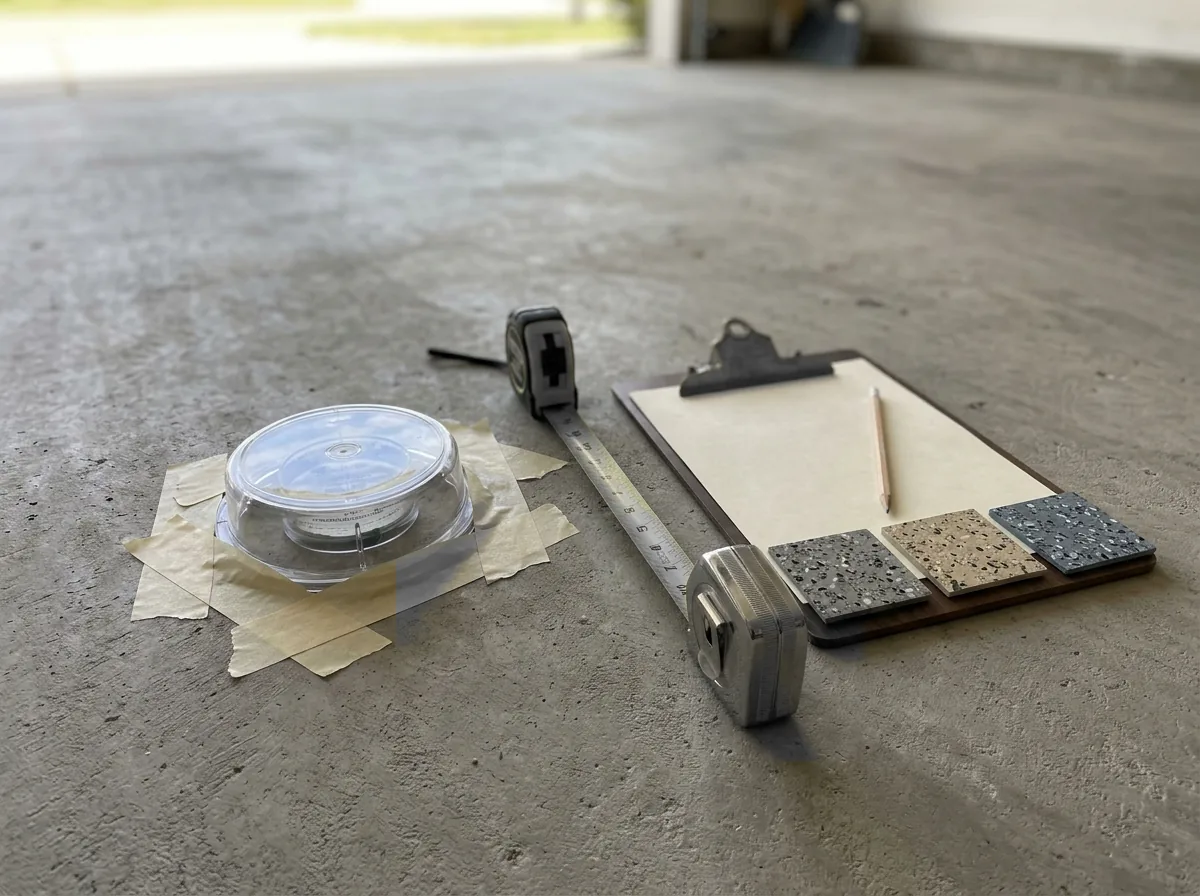 Moisture test dome taped to a bare concrete slab beside a tape measure, clipboard and three flake coating samples