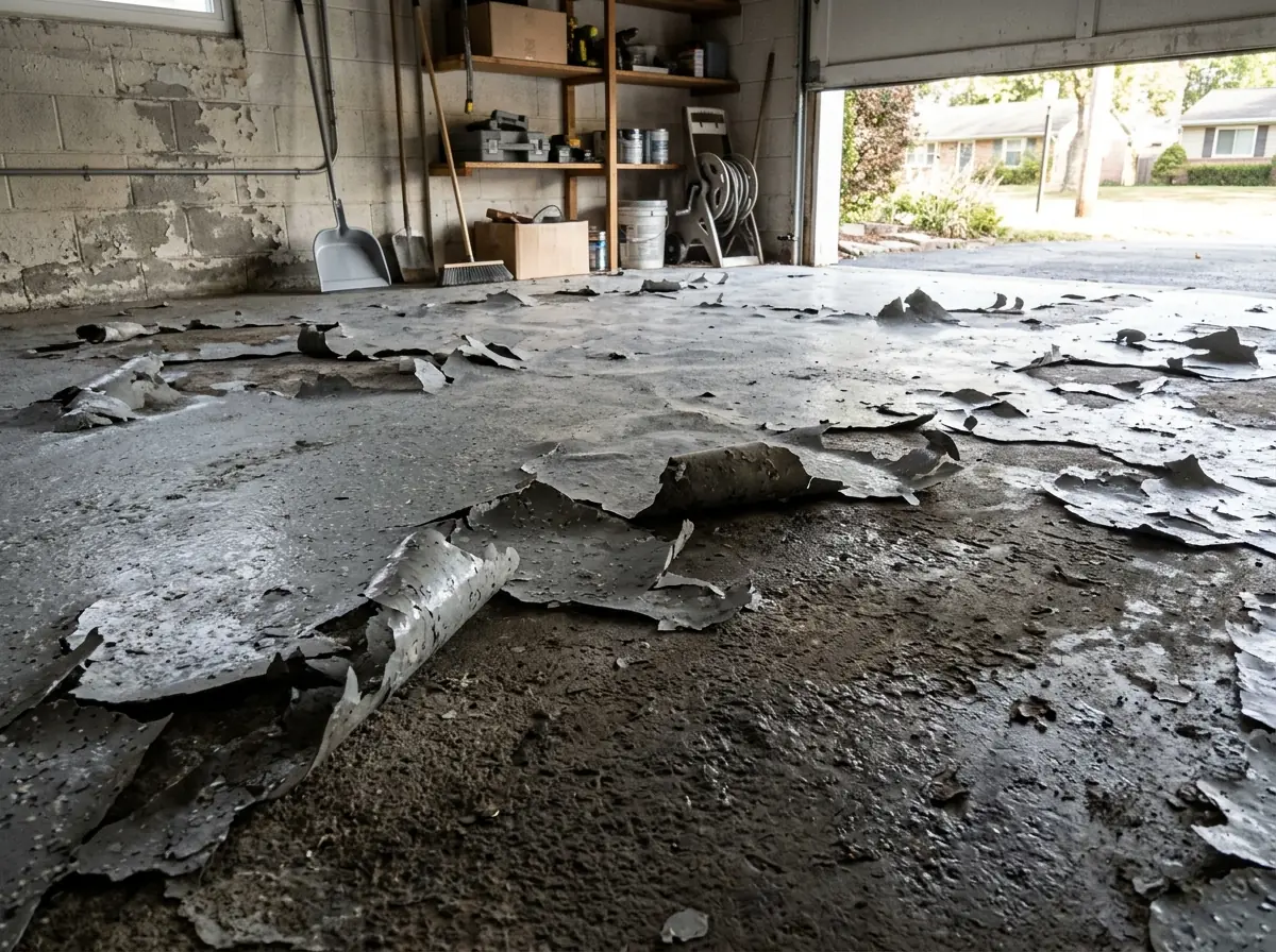 Garage floor where a gray epoxy coating has peeled in sheets, showing darker bare concrete underneath
