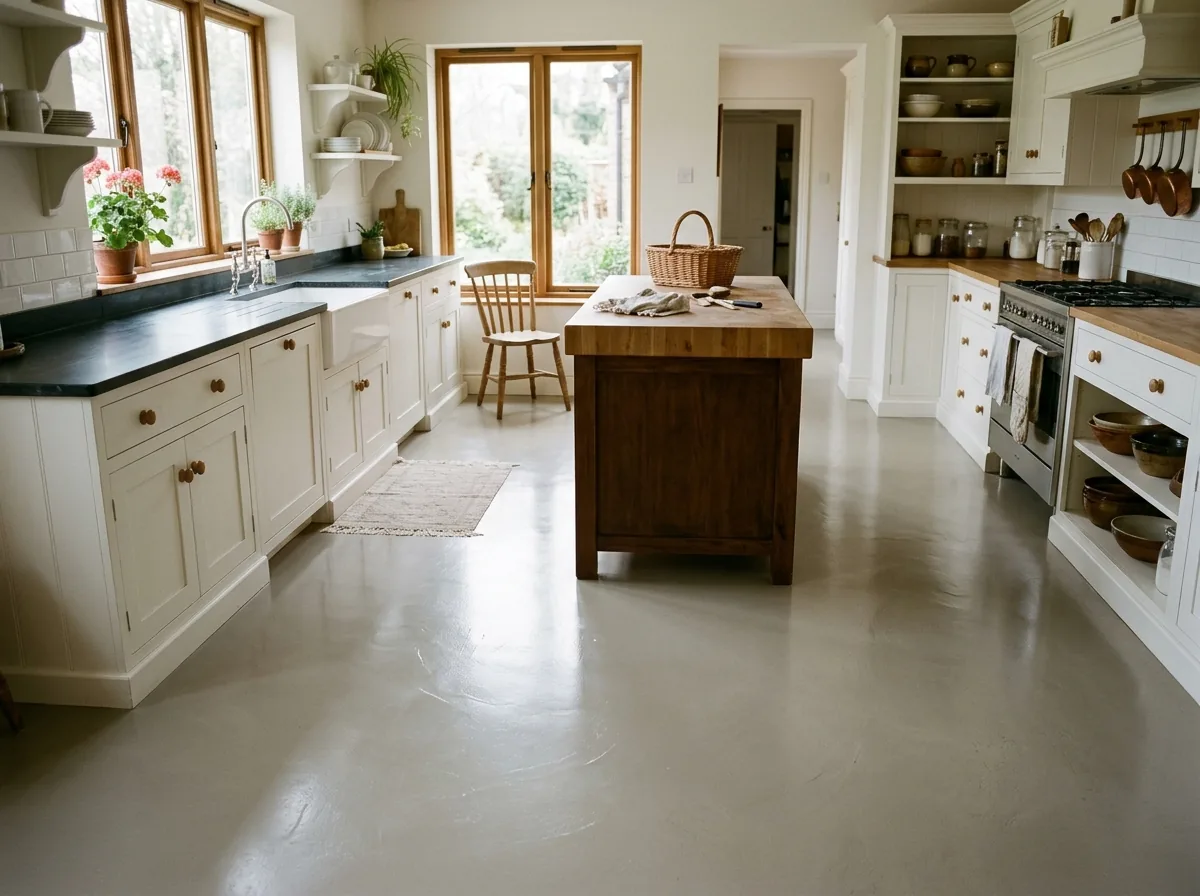 Kitchen with a seamless warm-gray satin epoxy floor, white cabinets and a wooden island