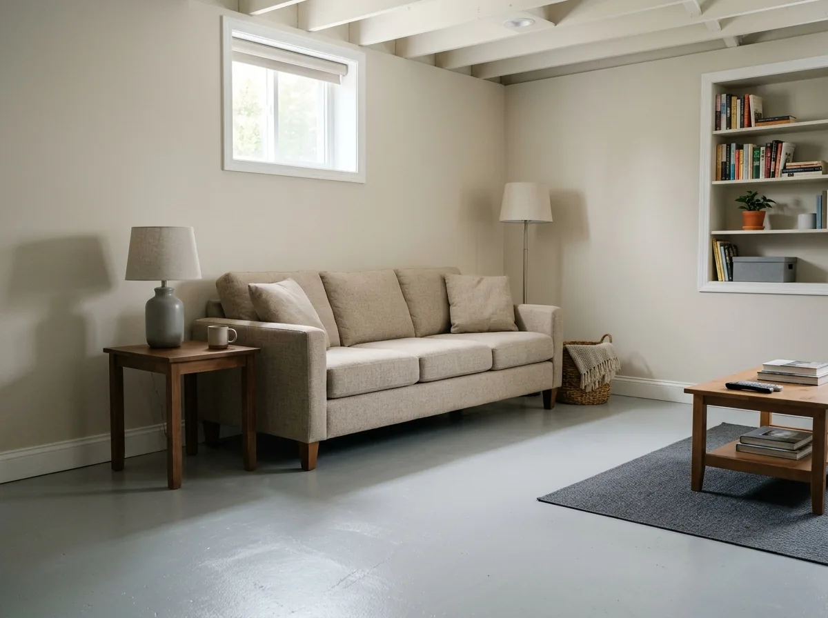 Lower-level family room with a light gray solid epoxy floor, a sofa and a small window near the ceiling
