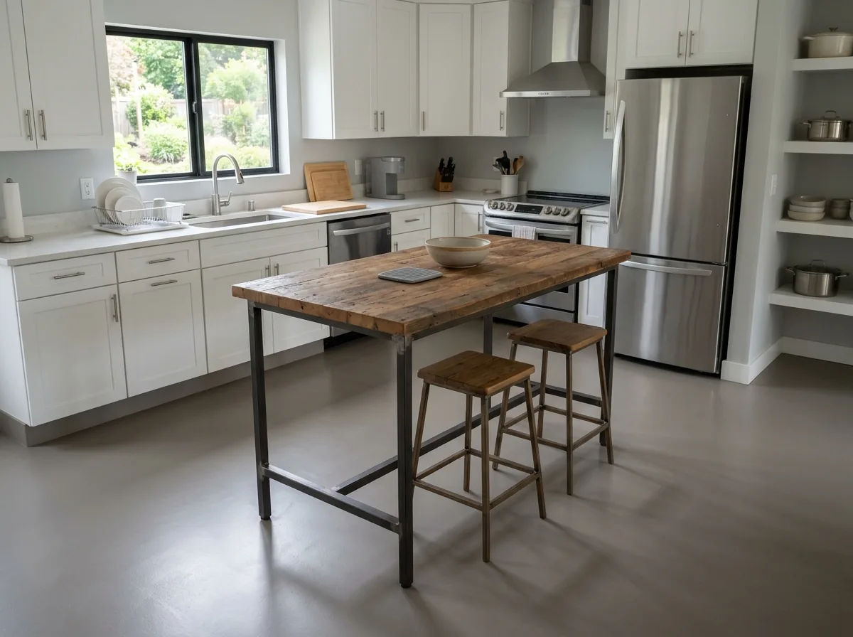 Kitchen with a warm gray satin epoxy floor running under the island and up to white cabinet toe kicks