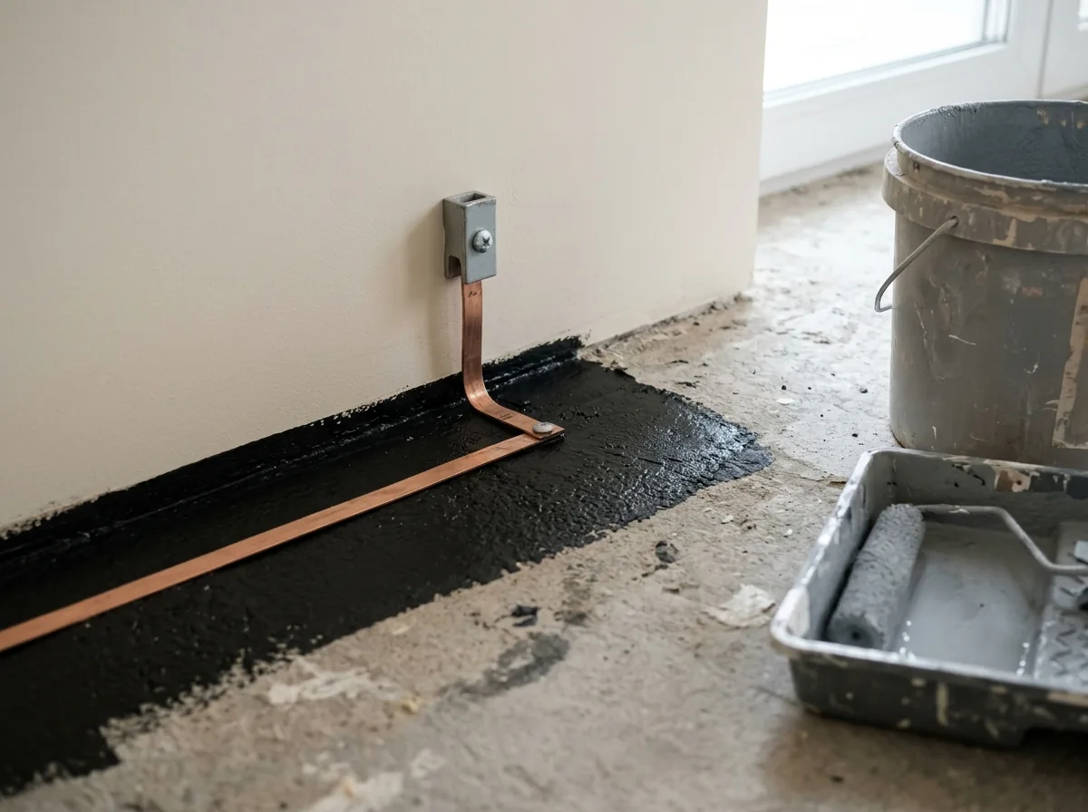 Grounding strip at the wall edge of a black conductive epoxy primer layer before the ESD topcoat