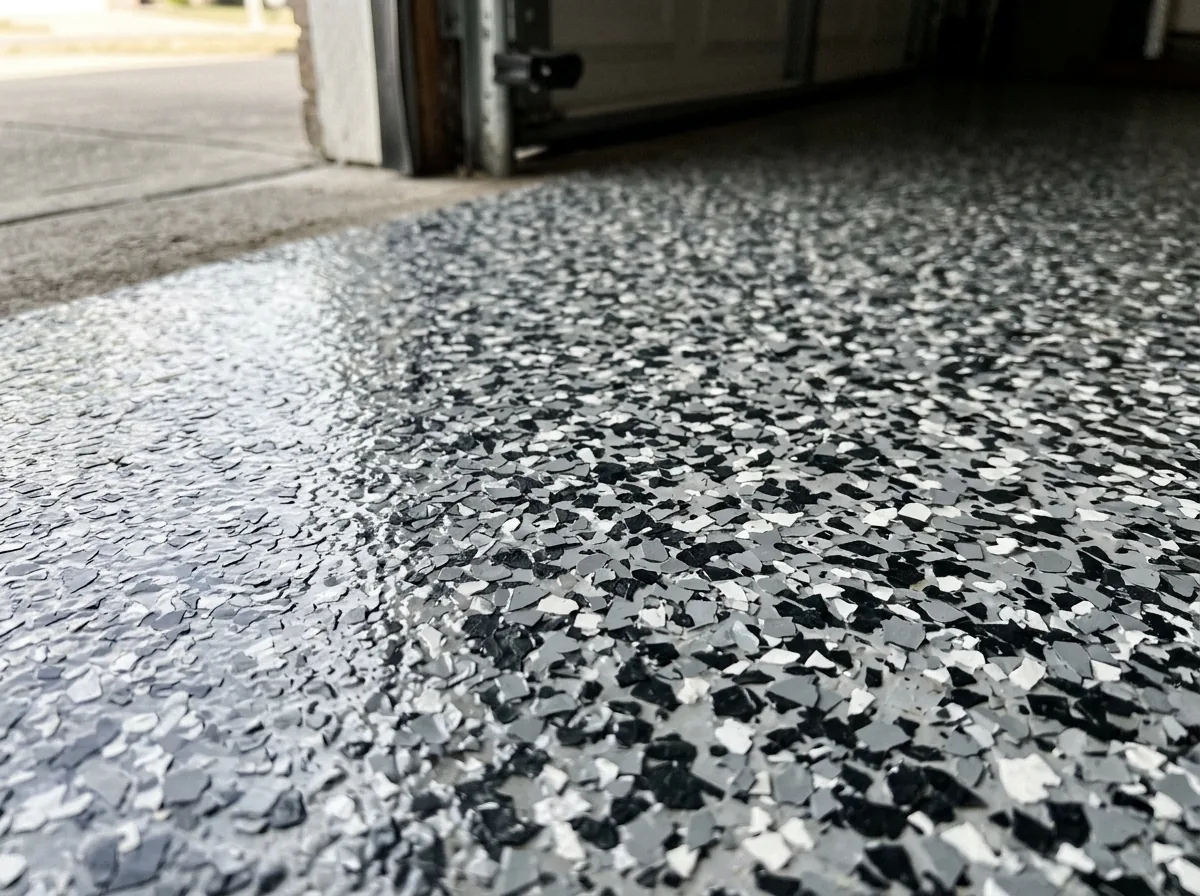 Close-up of a garage floor covered in overlapping charcoal, gray and white flakes under a clear gloss coat