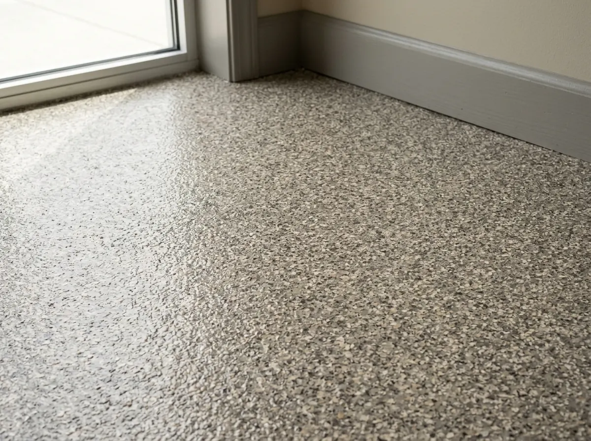 Close view of a fine 1/16-inch gray and tan micro-flake floor that reads like natural stone