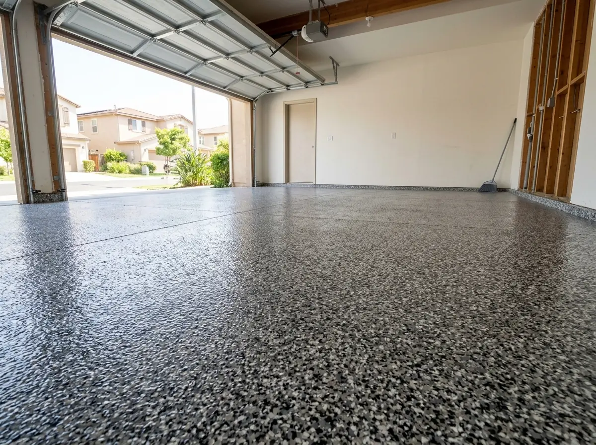 Two-car garage floor fully covered in gray, black and white vinyl chips under a fresh clear topcoat