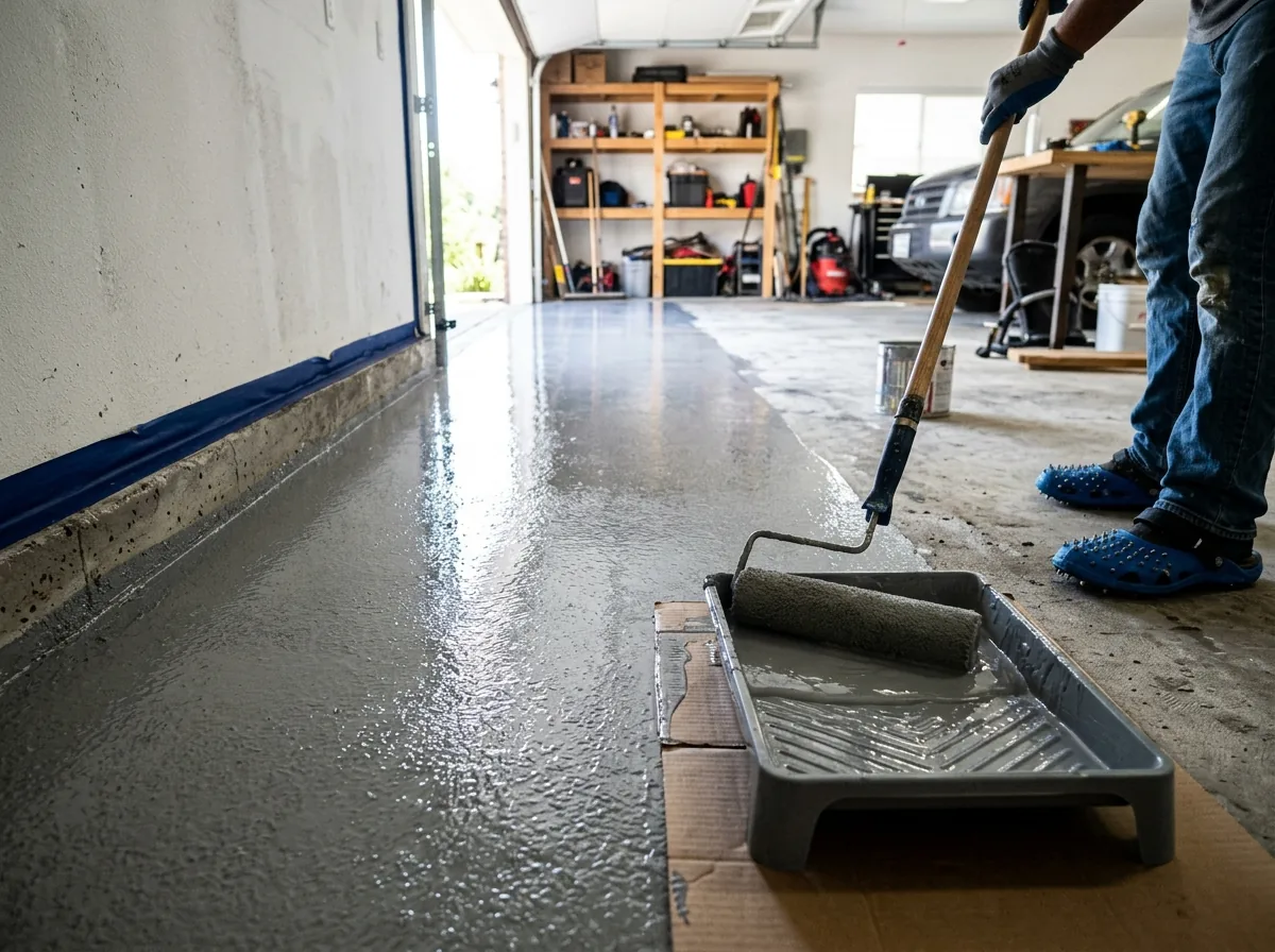 Gloved worker, seen from the knees down, rolling a wet gray epoxy base coat onto a ground concrete garage slab, with blue tape along the wall