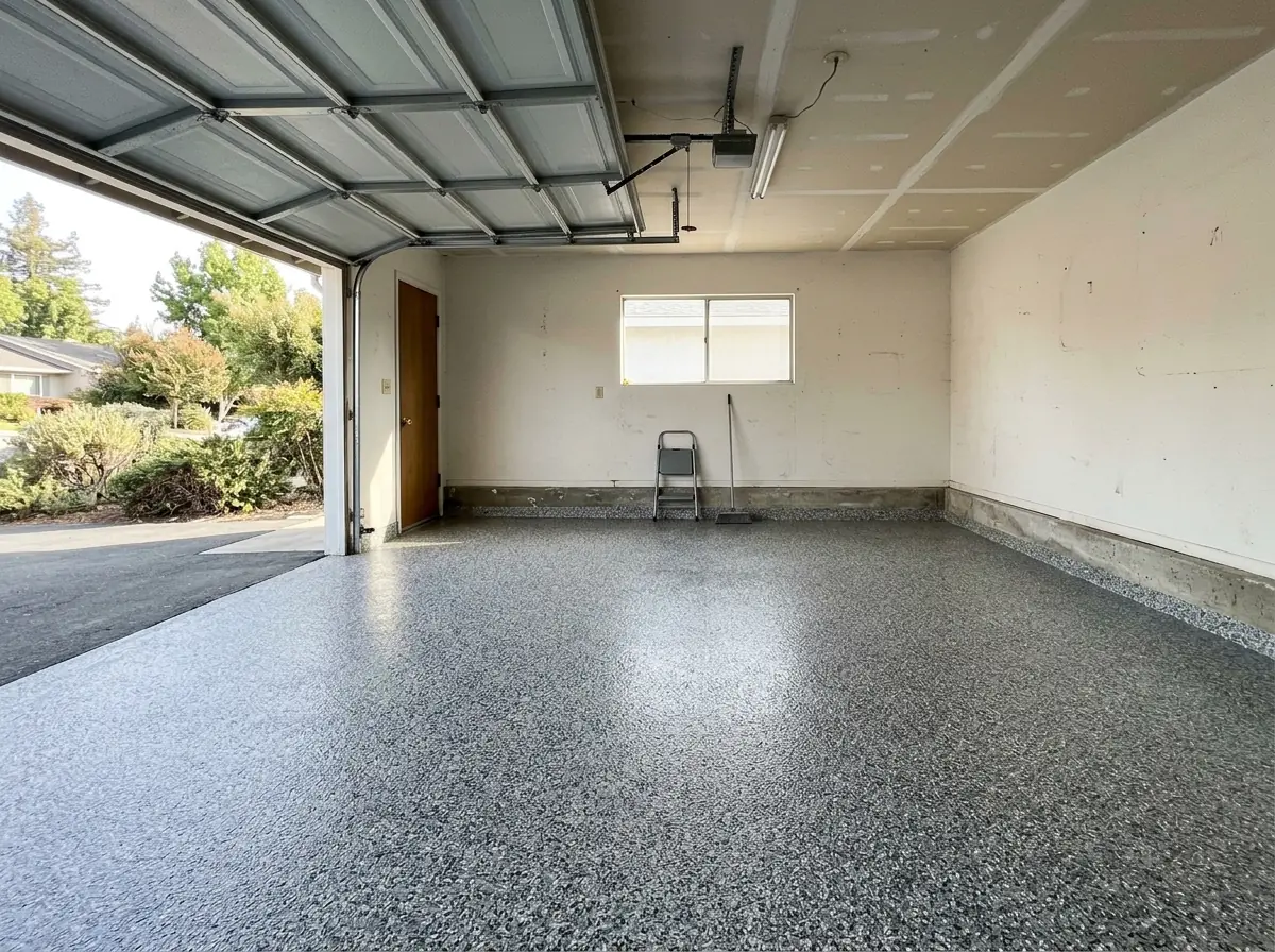 Two-car garage floor covered edge to edge in gray, black and white vinyl flakes under a clear gloss topcoat, with the door open to daylight