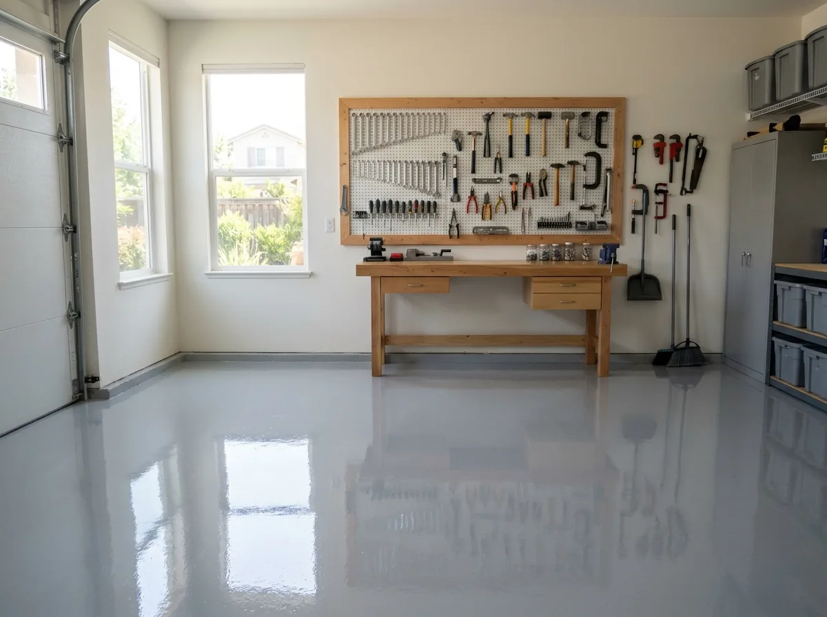 Garage slab coated in a smooth light-gray high-gloss epoxy with a workbench and pegboard along the back wall