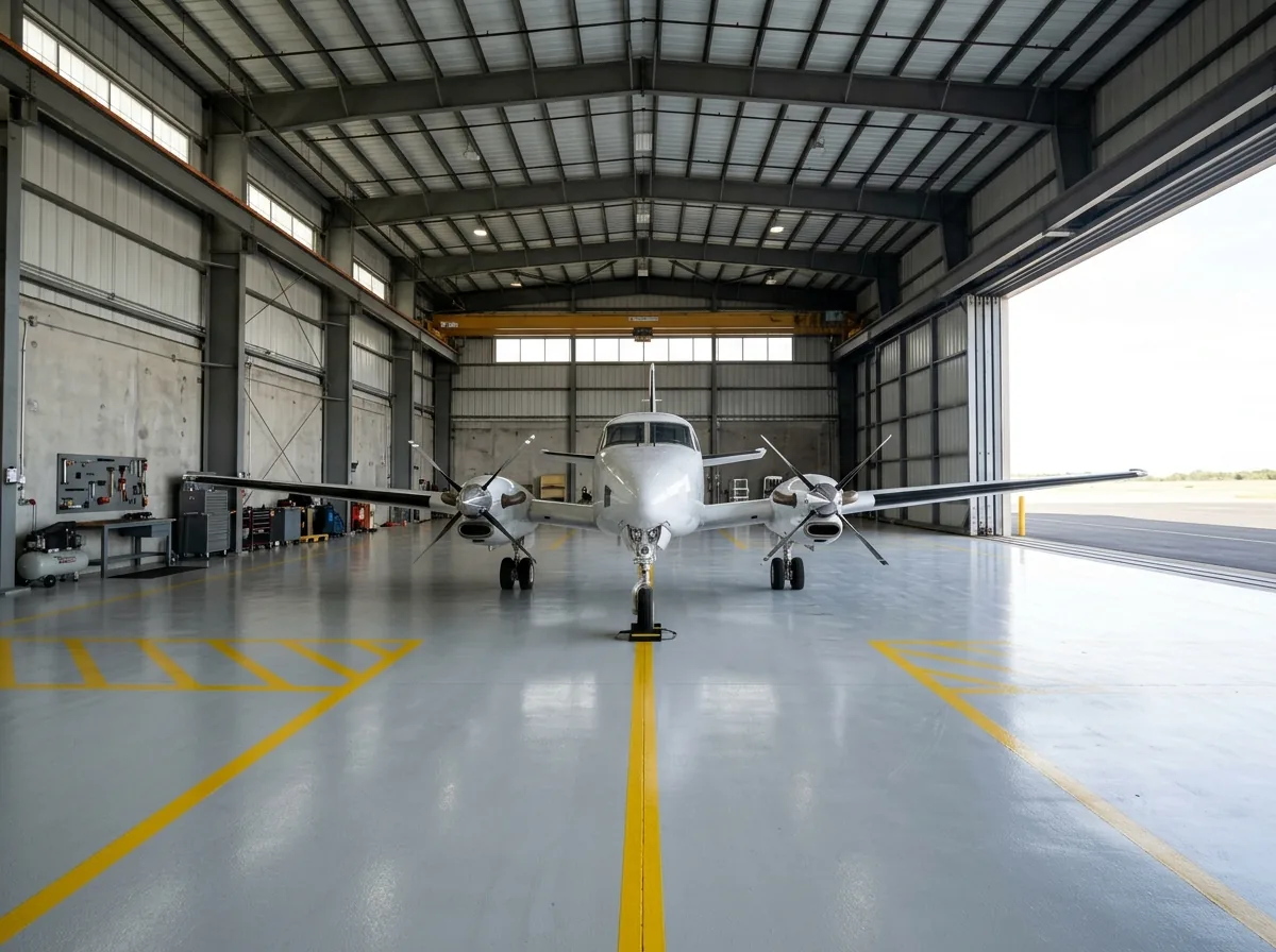 Large box hangar with a light gray epoxy floor, yellow safety lines and a twin-engine aircraft