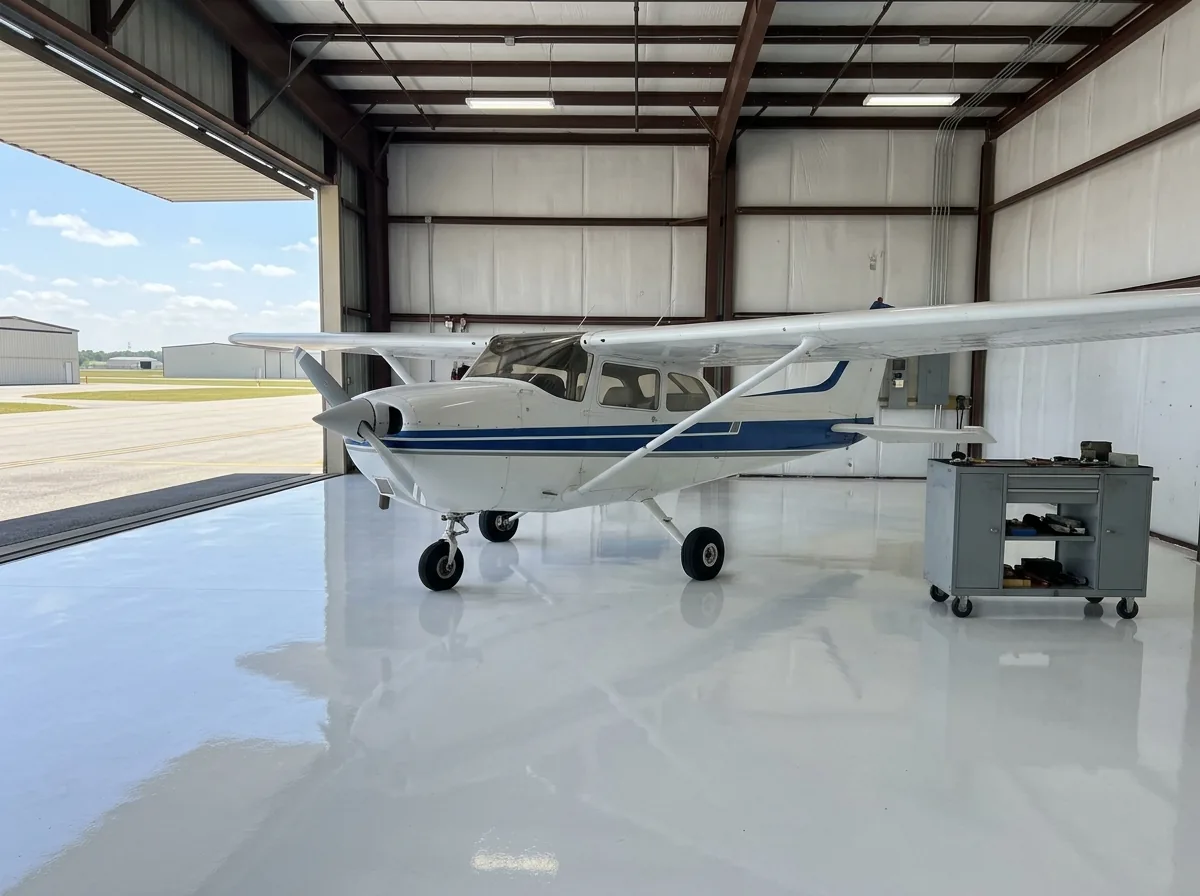 Small aircraft parked on a bright white high-gloss epoxy floor inside a T-hangar with the door open
