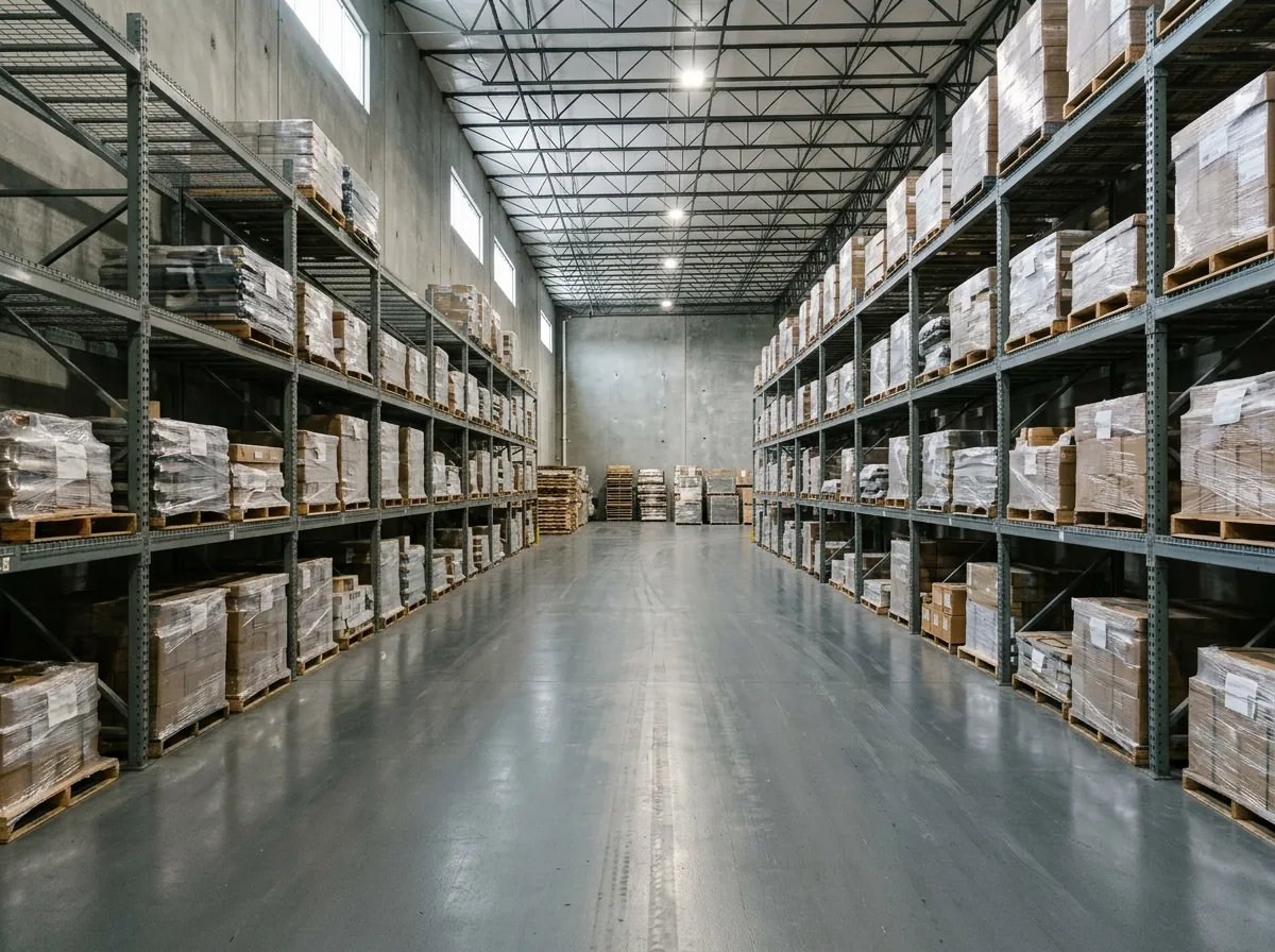 Wide warehouse aisle with a gray high-build epoxy floor between steel pallet racks