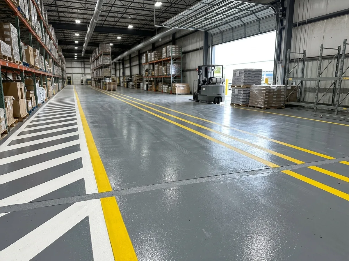 Yellow aisle lines and a white pedestrian walkway striped on a gray epoxy warehouse floor