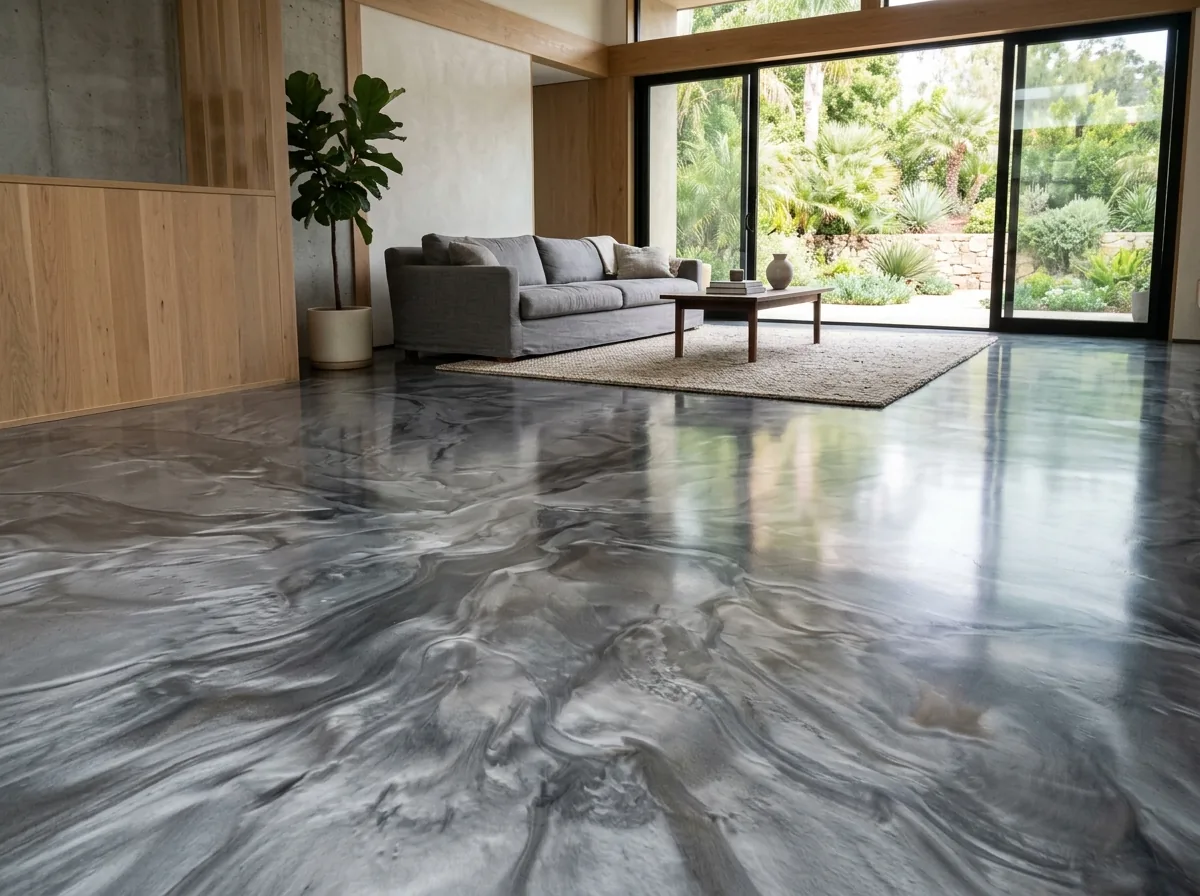Living area with a swirling silver and charcoal metallic epoxy floor reflecting a large sliding glass door