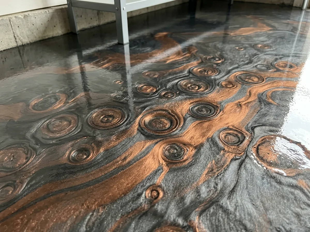 Close view of a charcoal and copper metallic epoxy floor with round crater-like cells across the surface