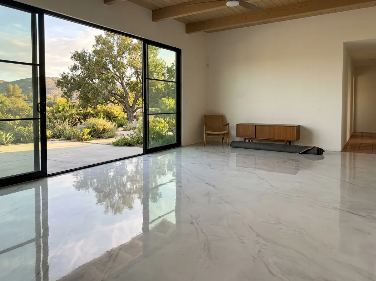 Living room floor in white and gray marble-look metallic epoxy with soft veining, lit by a large window