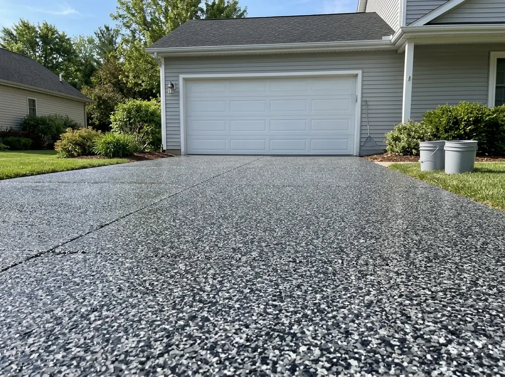 Concrete driveway with a charcoal and gray flake coating leading to a closed garage door on a sunny day