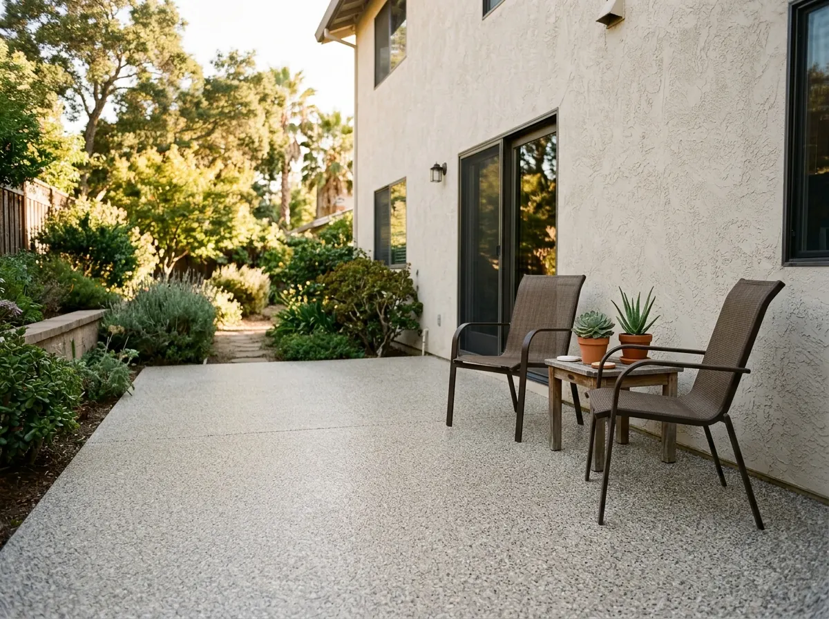Backyard concrete patio with a light gray and tan polyaspartic flake coating, outdoor chairs and potted plants