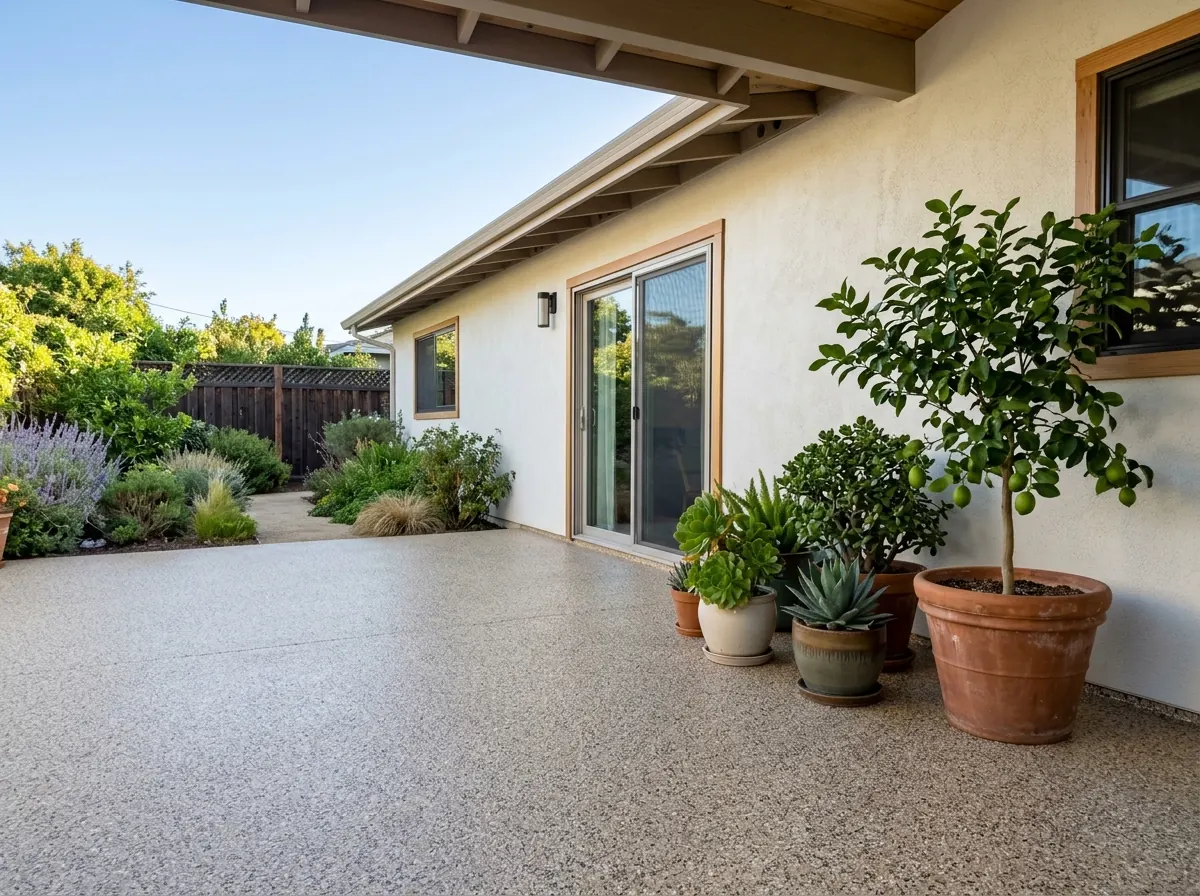Backyard concrete patio with a sandstone and gray flake coating next to a stucco house and potted succulents