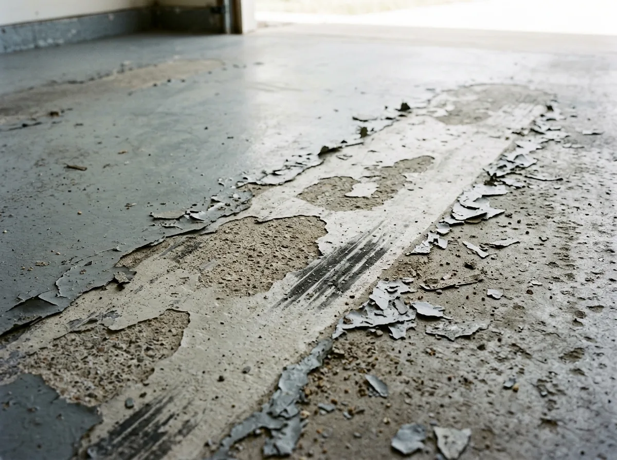 Old gray garage floor paint peeling away from the concrete in a strip with tire marks