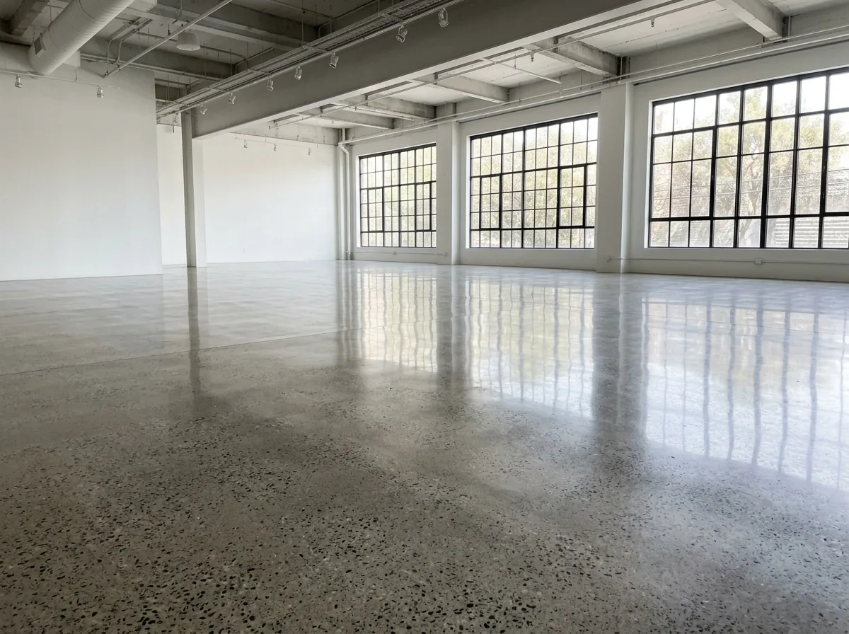 Empty bright showroom with a glossy polished concrete floor showing fine aggregate and window reflections