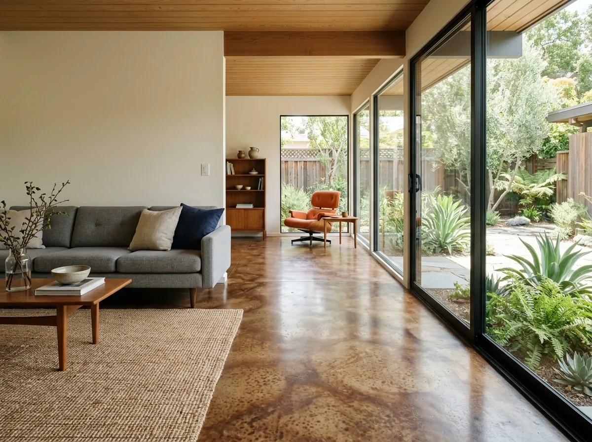 Living room with a warm brown acid-stained concrete floor sealed under a clear satin polyaspartic coat, reflecting light from a sliding glass door
