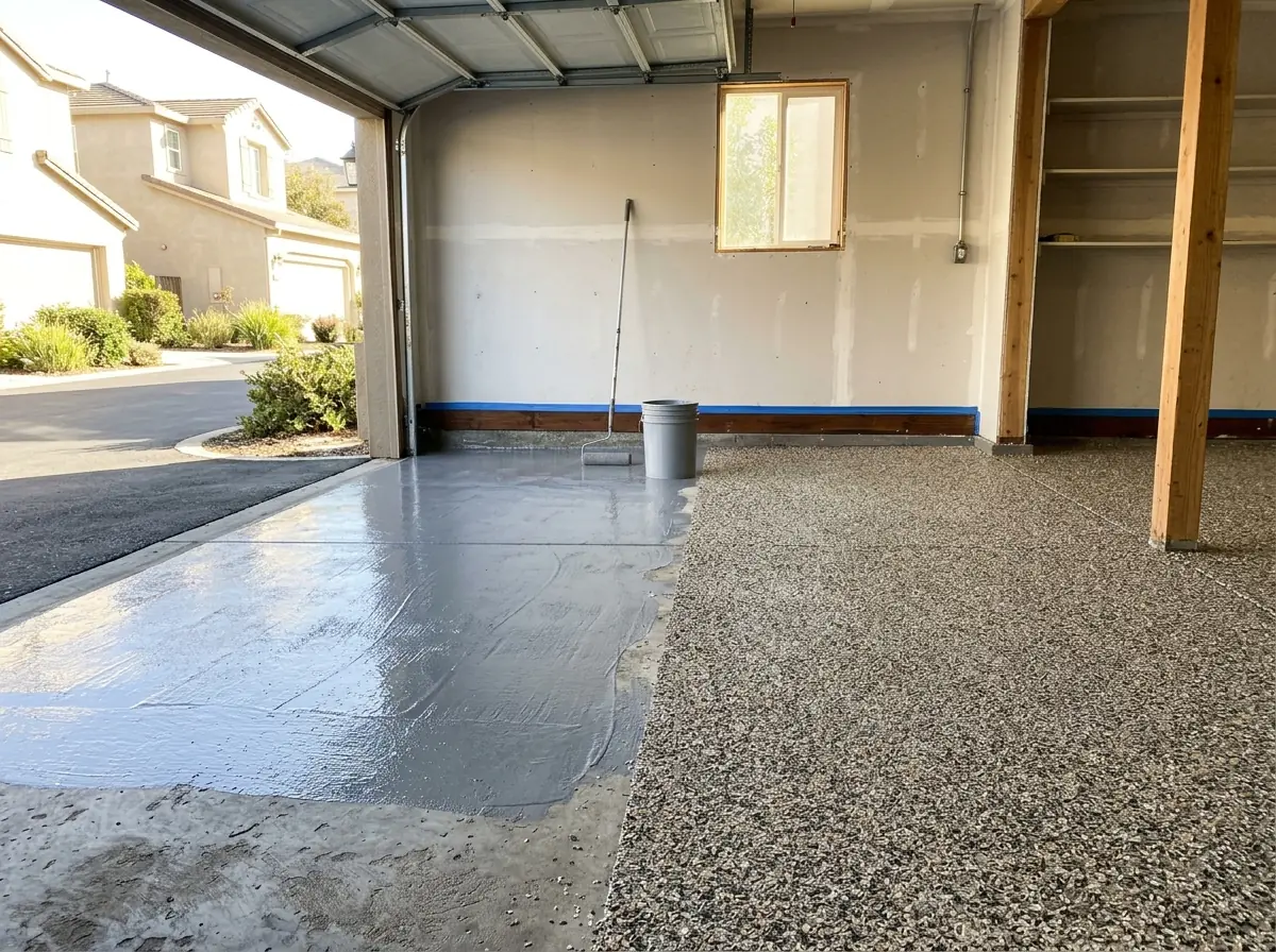 Garage floor mid-installation with a fresh gray polyaspartic base coat on one half and a full broadcast of tan and gray flakes on the other, roller and plain gray bucket on the slab