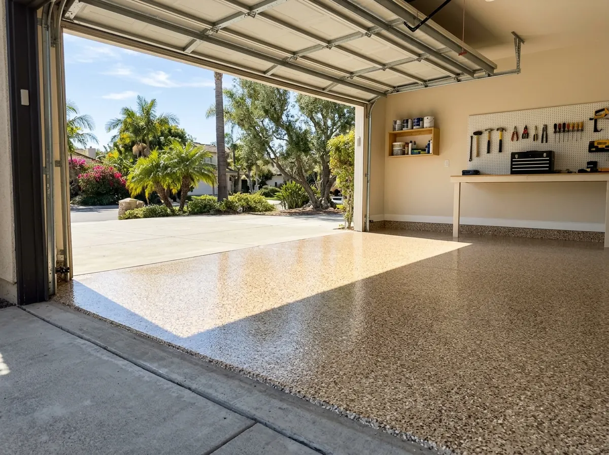 Two-car garage with a glossy tan and cream flake floor, the door open to a sunny driveway