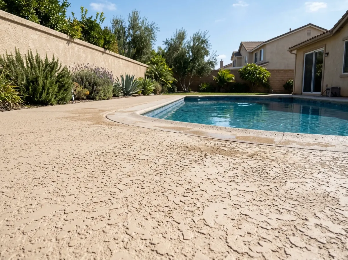 Backyard pool deck with a light tan sprayed acrylic knockdown texture next to a blue pool and stucco wall