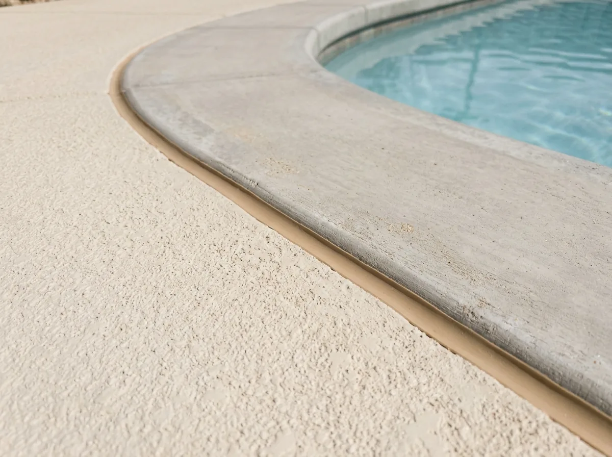 Close view of a pale cream textured cool deck topping at the edge of a pool coping
