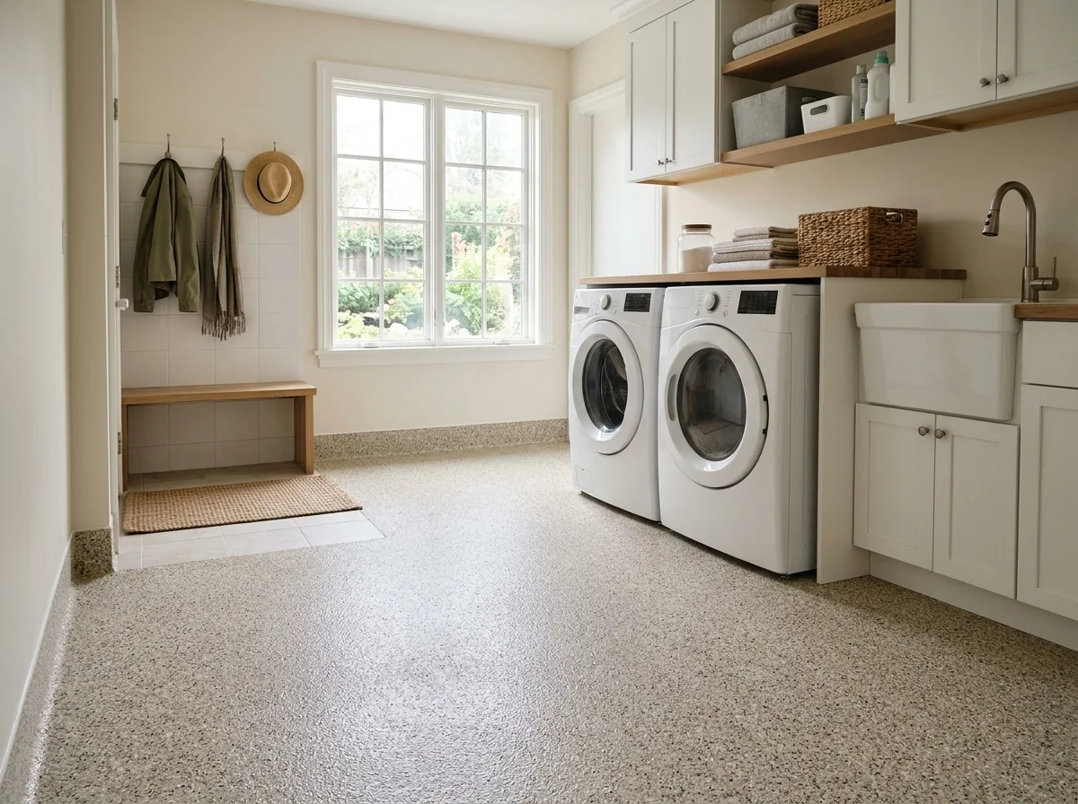 Laundry room with a speckled sand-and-gray quartz floor that curves up the wall as a cove base