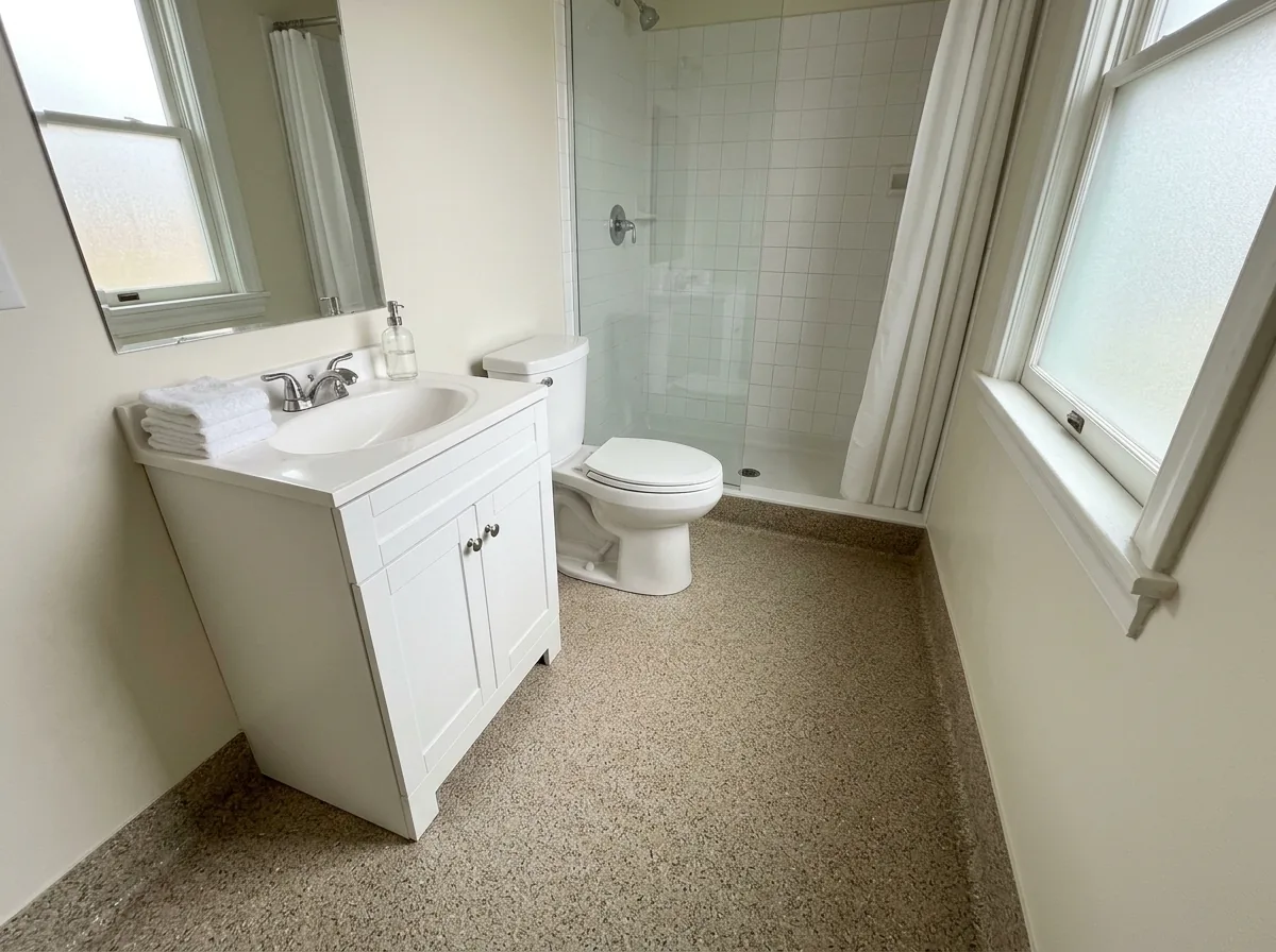 Bathroom floor with a tan and gray single-broadcast quartz epoxy finish and a coved edge at the wall