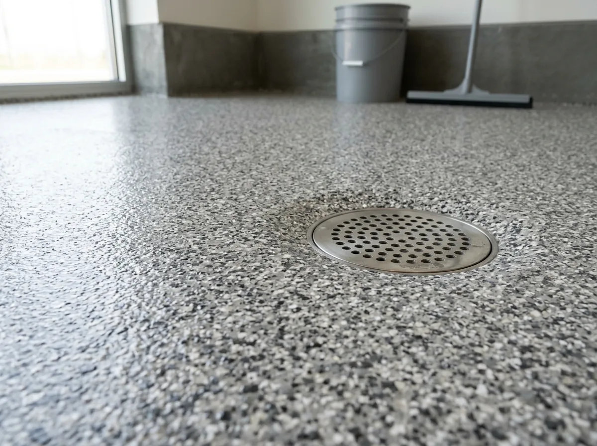 Close view of a smooth troweled quartz epoxy mortar floor in speckled gray and white with a floor drain