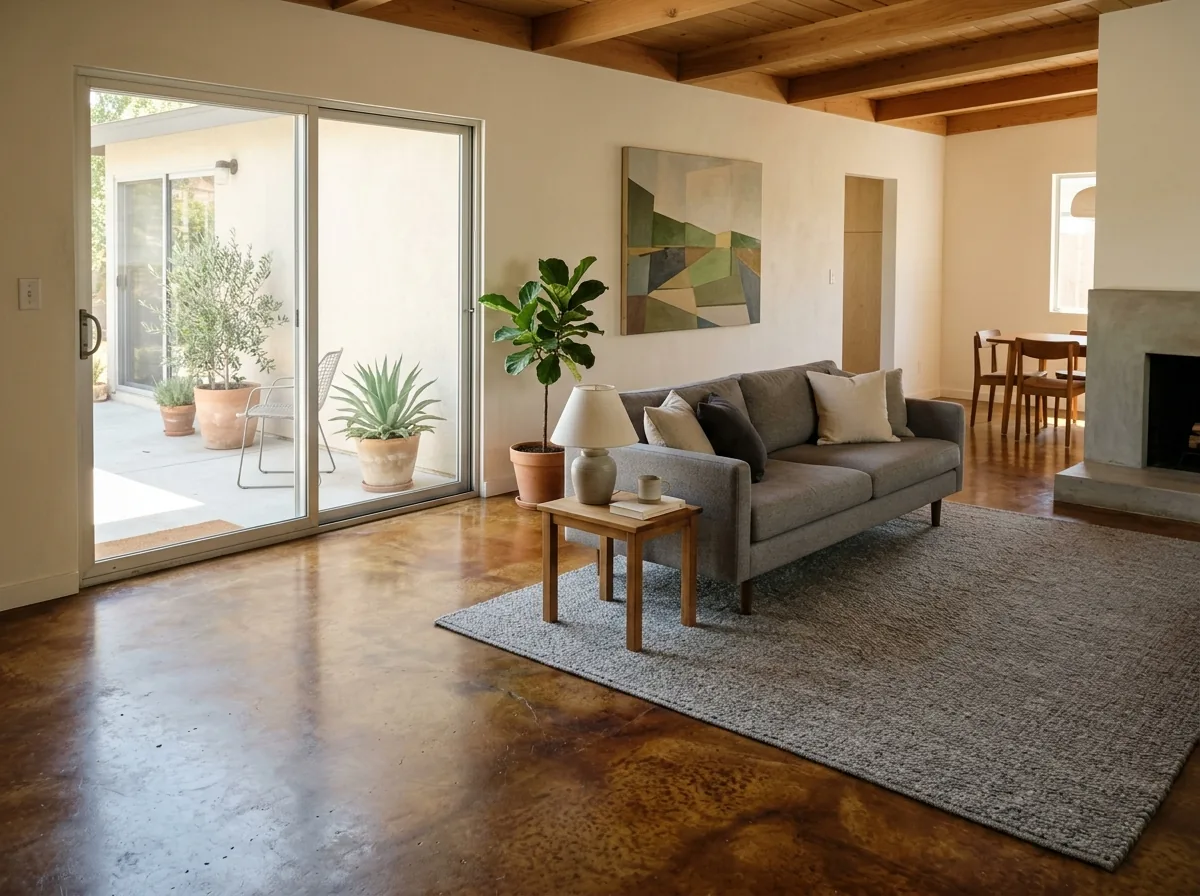 Living room floor of mottled brown and amber acid-stained concrete with a satin sealer under a rug and sofa